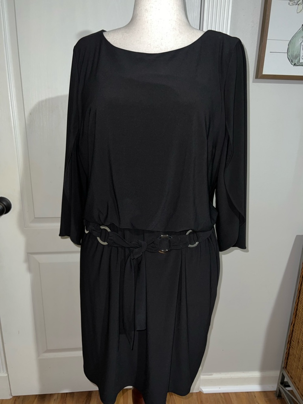 MSK Elegant Black 3/4 Tulip-Sleeves Belted Dress NWOT